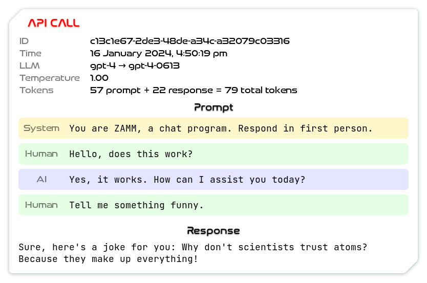 ZAMM now shows the exact contents of API calls made to ChatGPT. You can also finally continue a past conversation by restoring it from an API call. 