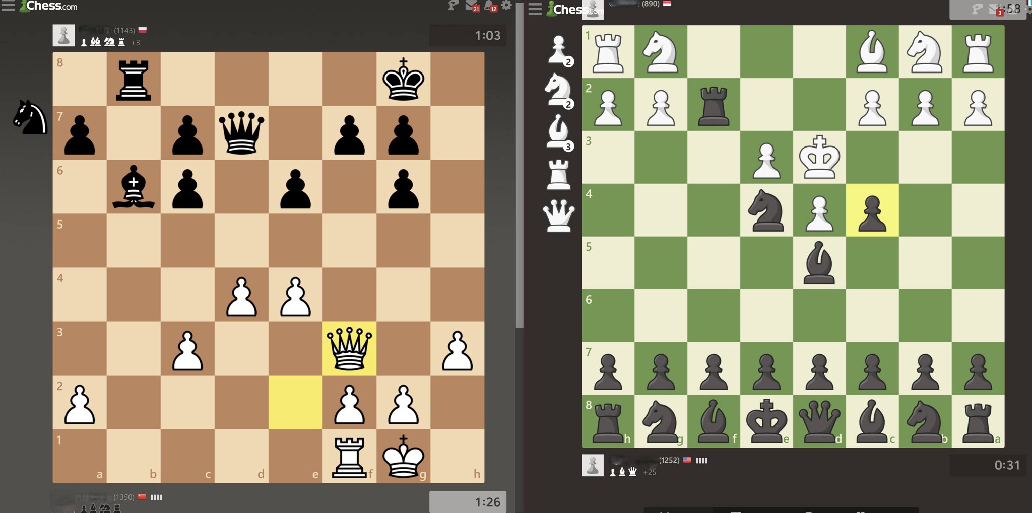 Screenshot of bughouse game where I won without moving any of my starting pieces on one board